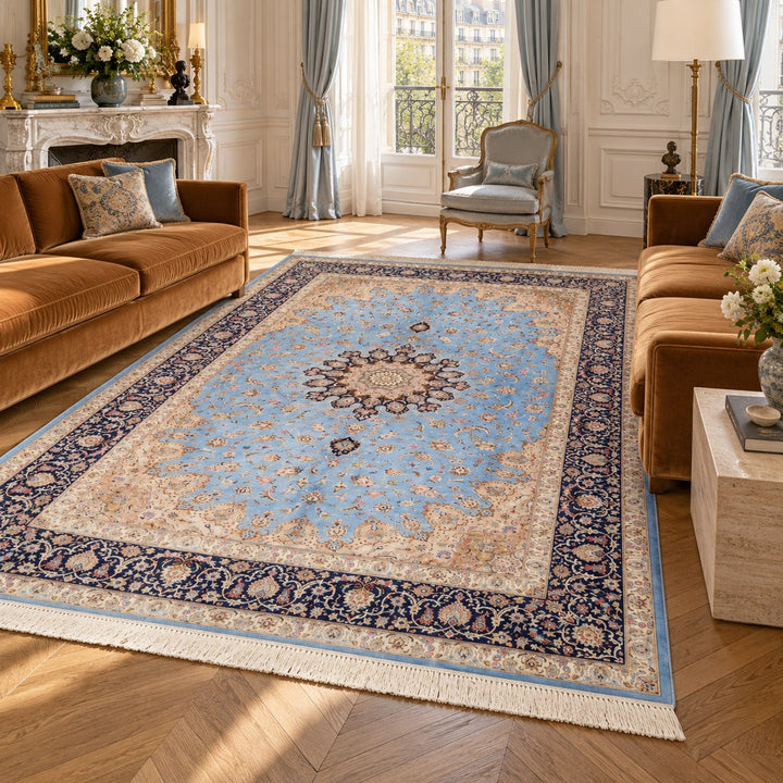 AI-generated interior visualization of MW-HM-0794, rectangular rug 354 × 243 cm. Styling illustration; see original product photograph for exact details.