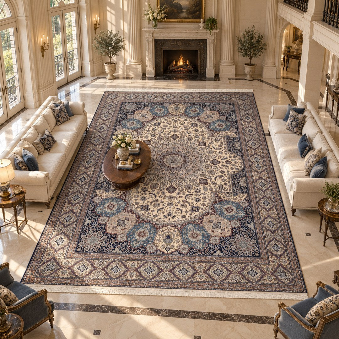 AI-generated interior visualization — MW-HM-0795, 624 × 436 cm, rectangle rug. Illustrative styling; see original product photo for exact details.