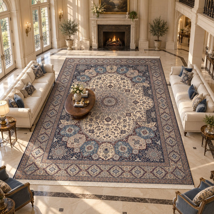 AI-generated interior visualization — MW-HM-0795, 624 × 436 cm, rectangle rug. Illustrative styling; see original product photo for exact details.