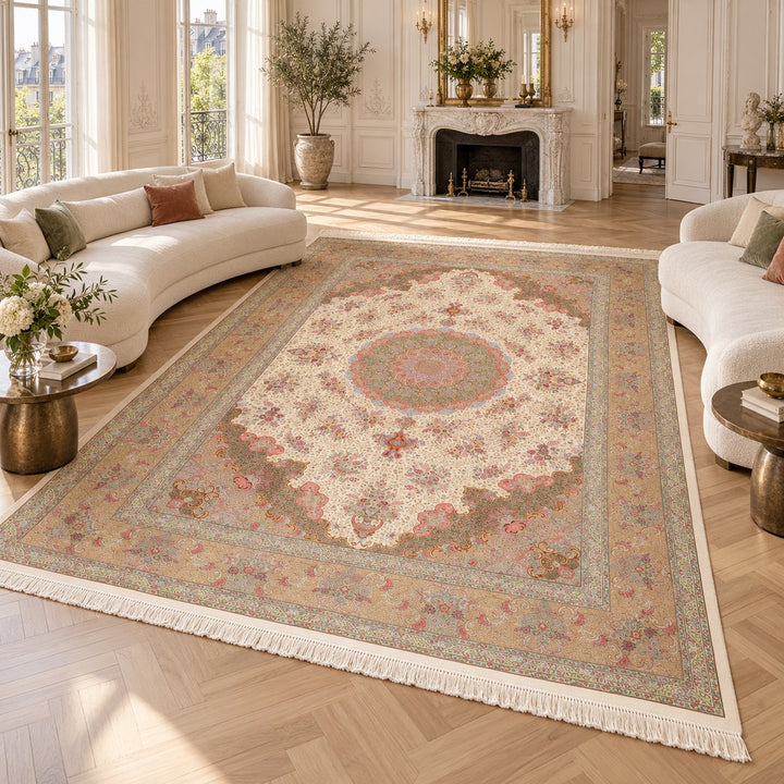AI-generated interior visualization of MW-HM-0796, rectangular rug 492 x 342 cm. Styling illustration; see the original product photograph for exact details.