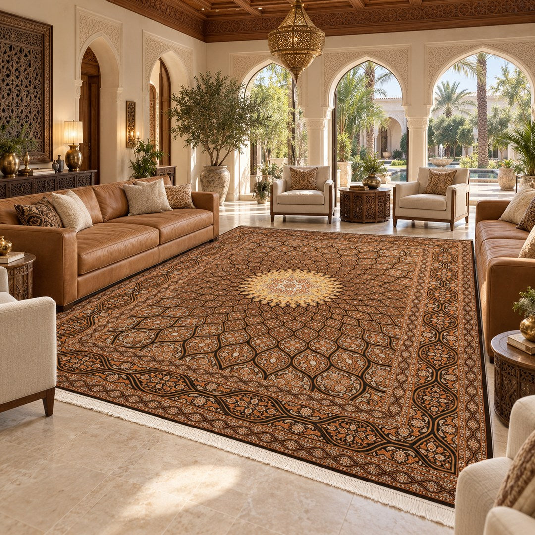 AI-generated interior visualization of MW-HM-0797, rectangle rug 460 × 317 cm. Styling illustration; see original product photograph for exact details.