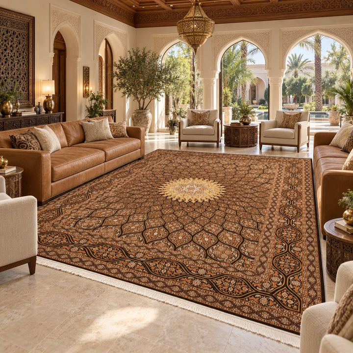 AI-generated interior visualization of MW-HM-0797, rectangle rug 460 × 317 cm. Styling illustration; see original product photograph for exact details.
