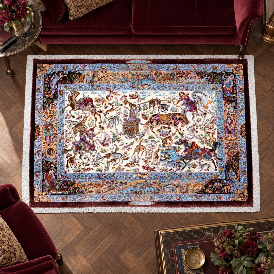 AI-generated interior visualization — MW-HM-0798; woven rug 153 x 106 cm, excluding any frame. Illustrative scale, not a customer project.