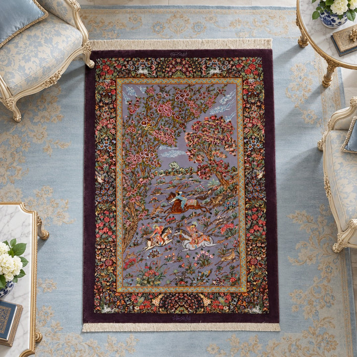 AI-generated interior visualization — MW-HM-0802; woven rug 172 x 105 cm, excluding any frame. Illustrative scale, not a customer project.