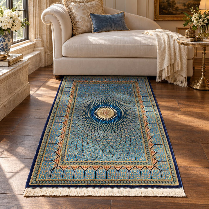 AI-generated interior visualization of MW-HM-0810, rectangle rug 152 × 99 cm. Styling illustration; see original product photograph for exact details.