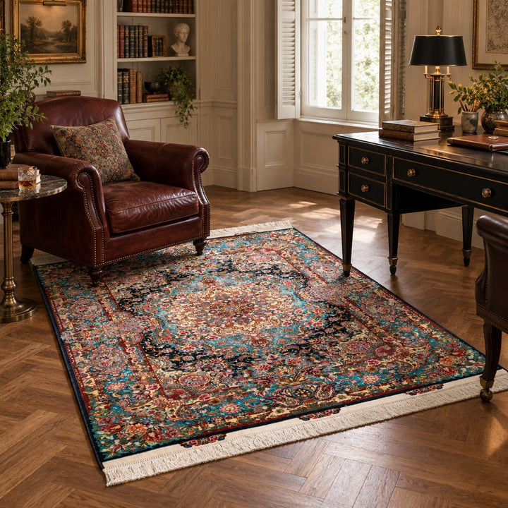 AI-generated interior visualization — MW-HM-0815, rectangular rug 201 x 150 cm. Styling illustration; original product photo shows exact details.