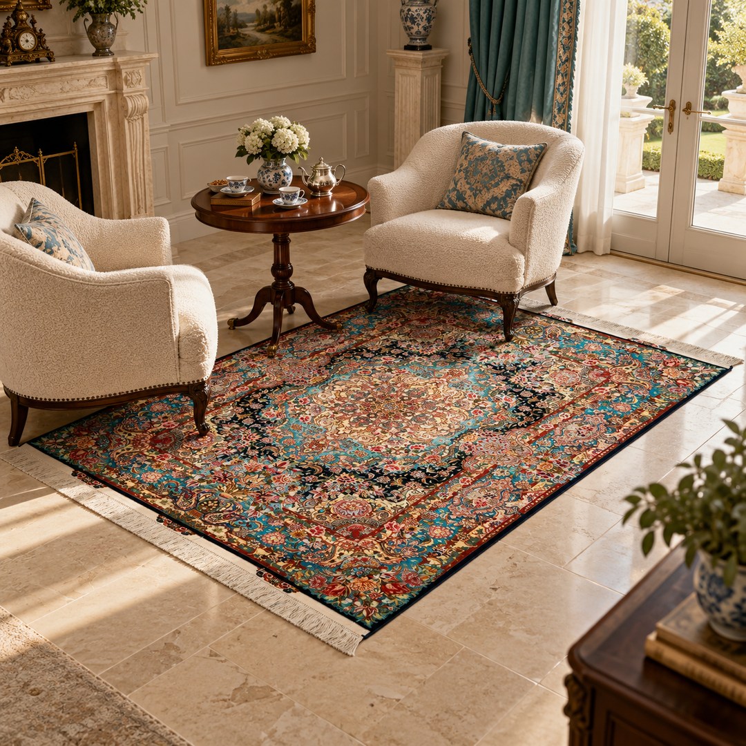 AI-generated interior visualization — MW-HM-0816, rectangular rug 201 x 151 cm. Styling illustration; original product photo shows exact details.
