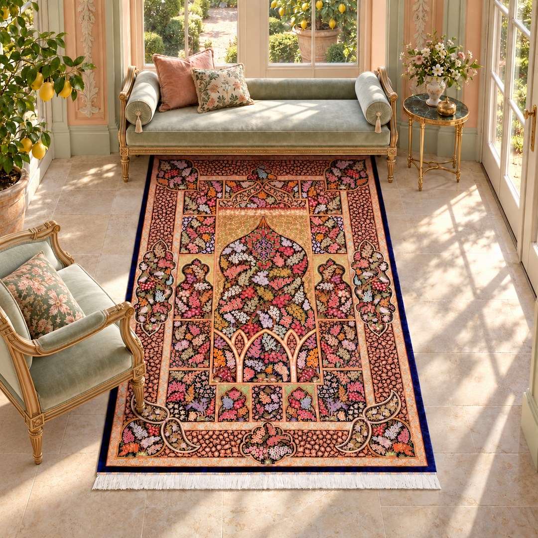 AI-generated interior visualization — MW-HM-0823, 206 × 140 cm, rectangle rug. Illustrative styling; see original product photo for exact details.