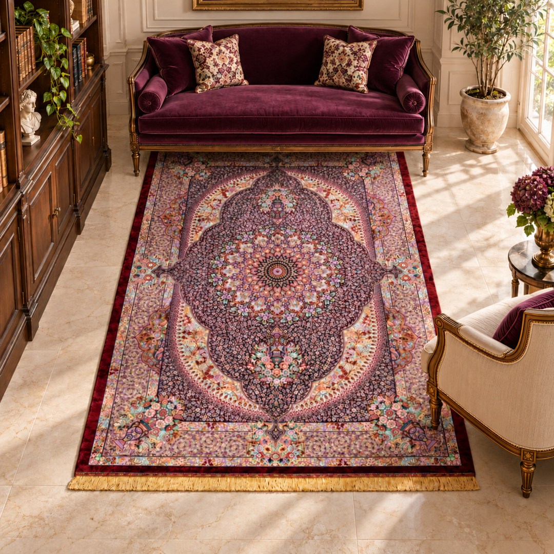 AI-generated interior visualization — MW-HM-0824, 197 × 134 cm, rectangle rug. Illustrative styling; see original product photo for exact details.