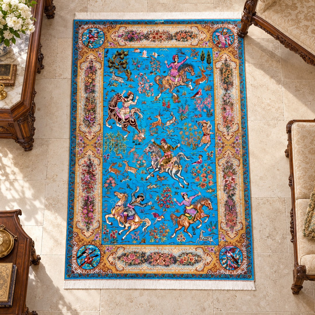 AI-generated interior visualization — MW-HM-0825; woven rug 206 x 134 cm, excluding any frame. Illustrative scale, not a customer project.