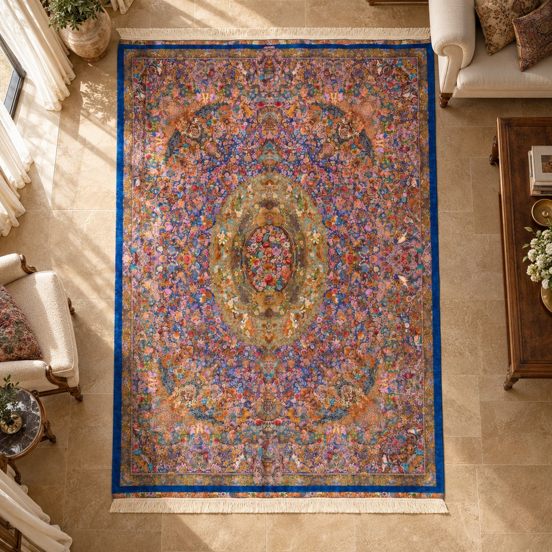 AI-generated interior visualization — MW-HM-0826; woven rug 394 x 302 cm, excluding any frame. Illustrative scale, not a customer project.