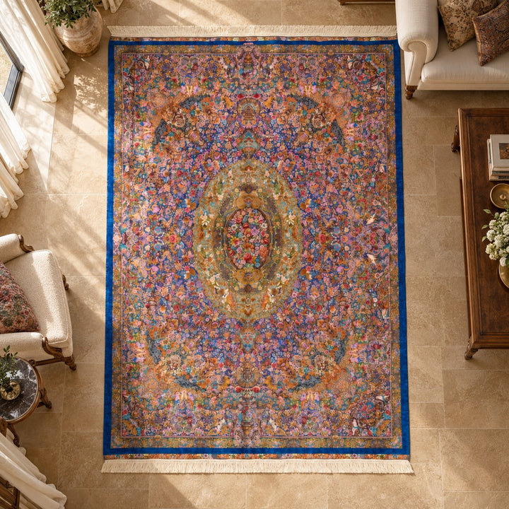 AI-generated interior visualization — MW-HM-0826; woven rug 394 x 302 cm, excluding any frame. Illustrative scale, not a customer project.