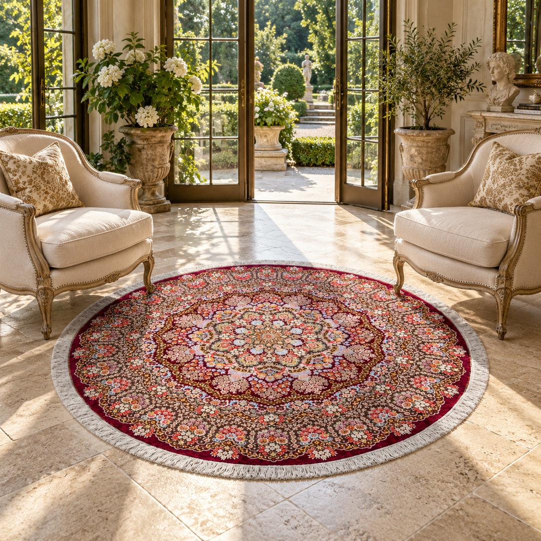 AI-generated luxury classic interior visualization of MW-HM-0827, round rug 200 x 200 cm. Styling illustration; see original product photograph for exact details.