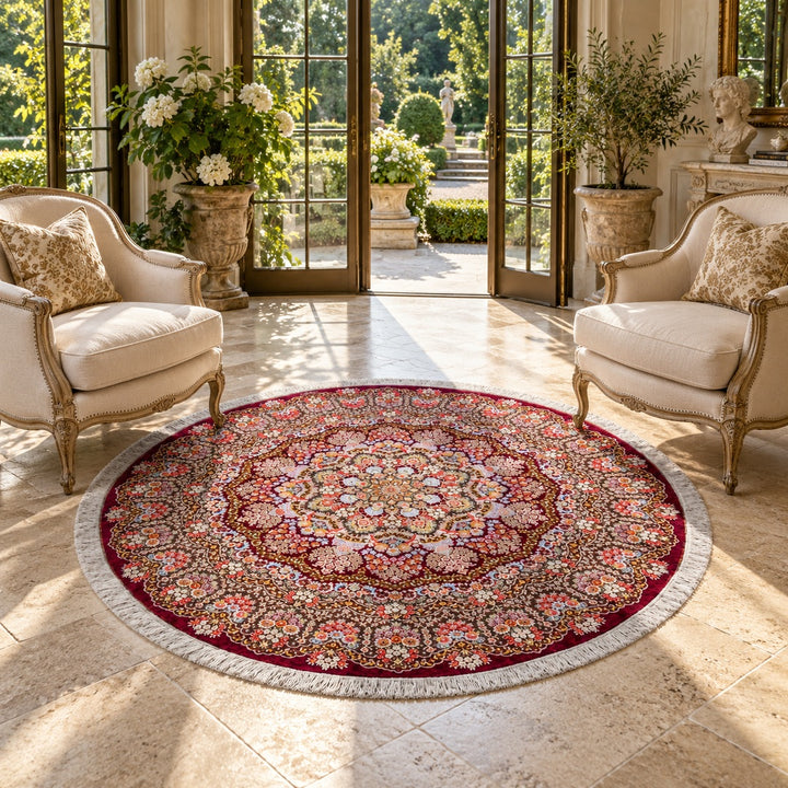 AI-generated luxury classic interior visualization of MW-HM-0827, round rug 200 x 200 cm. Styling illustration; see original product photograph for exact details.