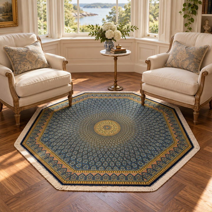 AI-generated interior visualization of MW-HM-0829, octagonal rug 199 × 199 cm. Styling illustration; see original product photograph for exact details.