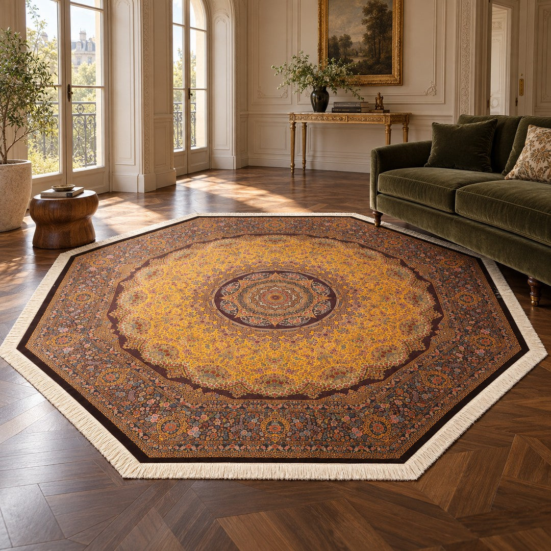 AI-generated interior visualization — MW-HM-0830 — 296 × 299 cm, octagonal. Illustrative scale; not a measured installation or customer project.
