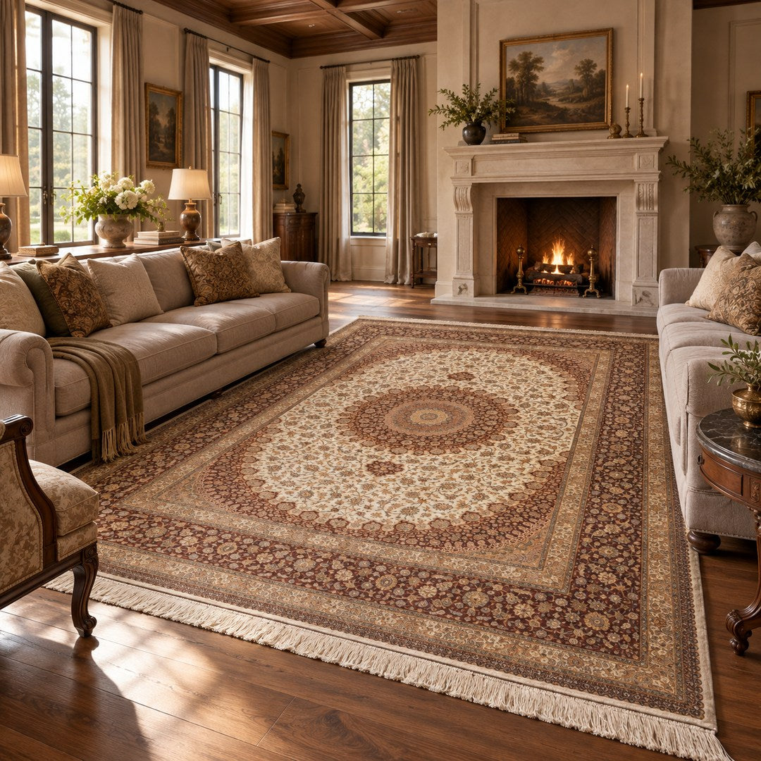 AI-generated interior visualization of MW-HM-0831, rectangular rug 398 × 300 cm. Styling illustration; see original product photograph for exact details.