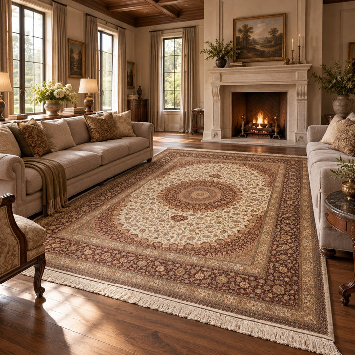 AI-generated interior visualization of MW-HM-0831, rectangular rug 398 × 300 cm. Styling illustration; see original product photograph for exact details.