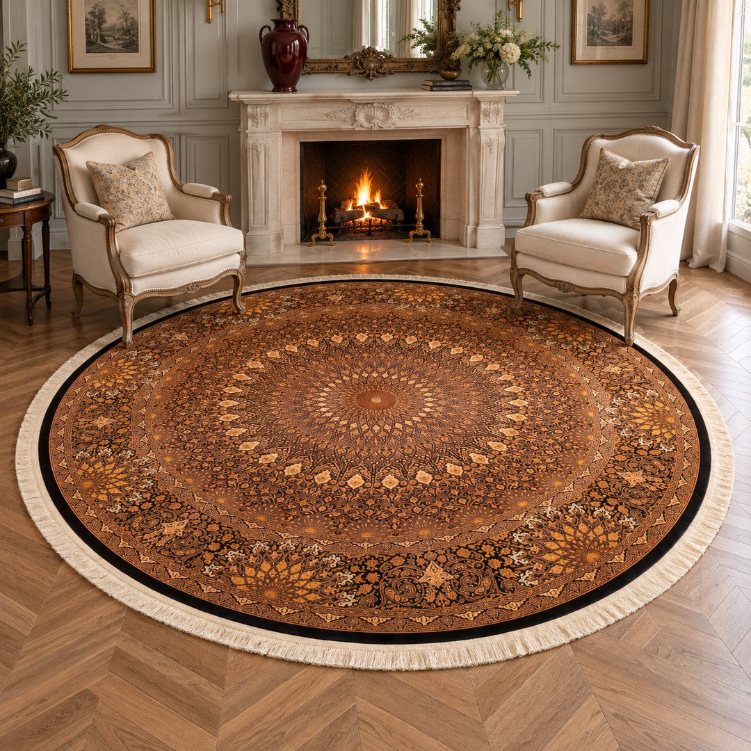 AI-generated interior visualization — MW-HM-0834 — 314 × 314 cm, round. Illustrative scale; not a measured installation or customer project.