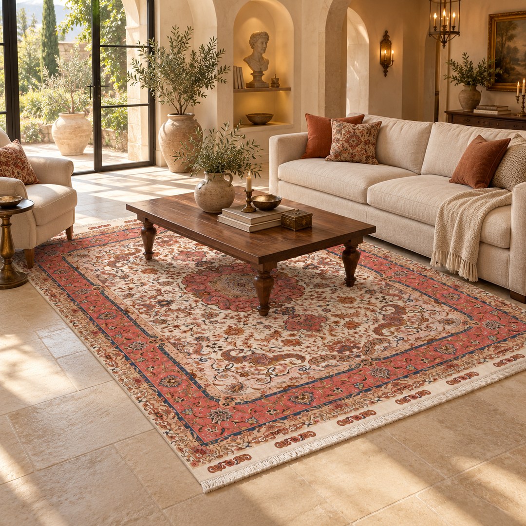 AI-generated interior visualization — MW-HM-0836, rectangular rug 301 x 198 cm. Styling illustration; original product photo shows exact details.