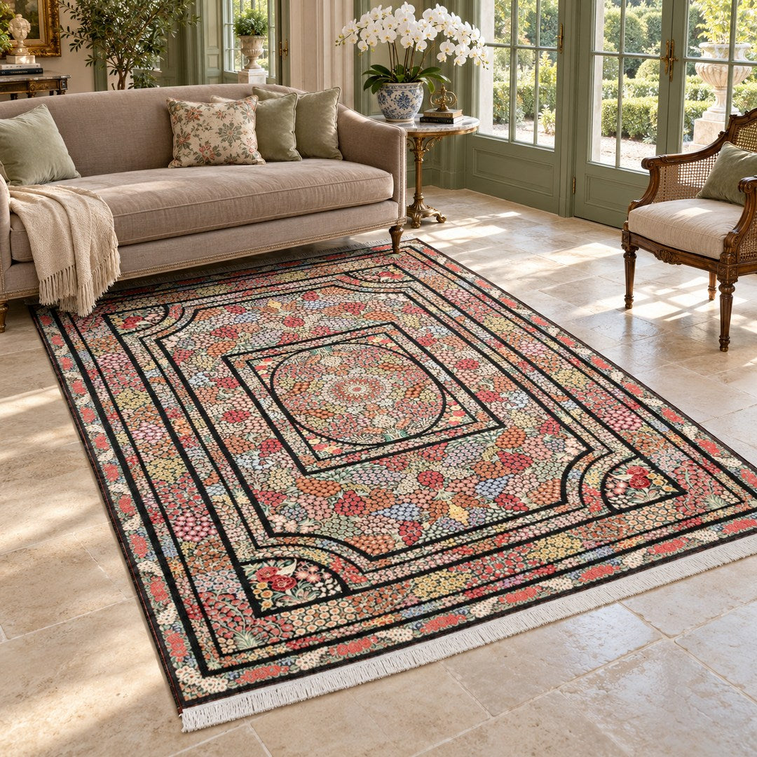 AI-generated interior visualization of MW-HM-0838, rectangular rug 307 × 196 cm. Styling illustration; see original product photograph for exact details.
