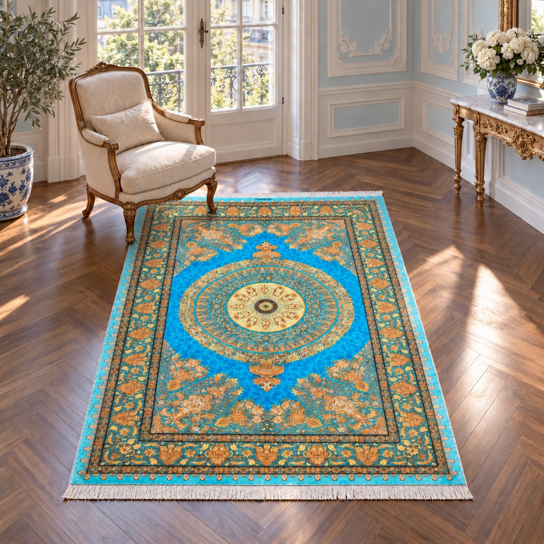 AI-generated interior visualization — MW-HM-0841, 200 × 139 cm. Illustrative scale; not an actual customer installation.