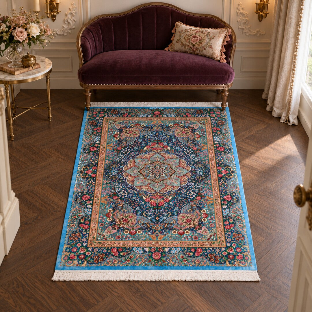 AI-generated interior visualization — SKU MW-HM-0842 — rug 151 × 103 cm; illustrative scale, not a customer project.