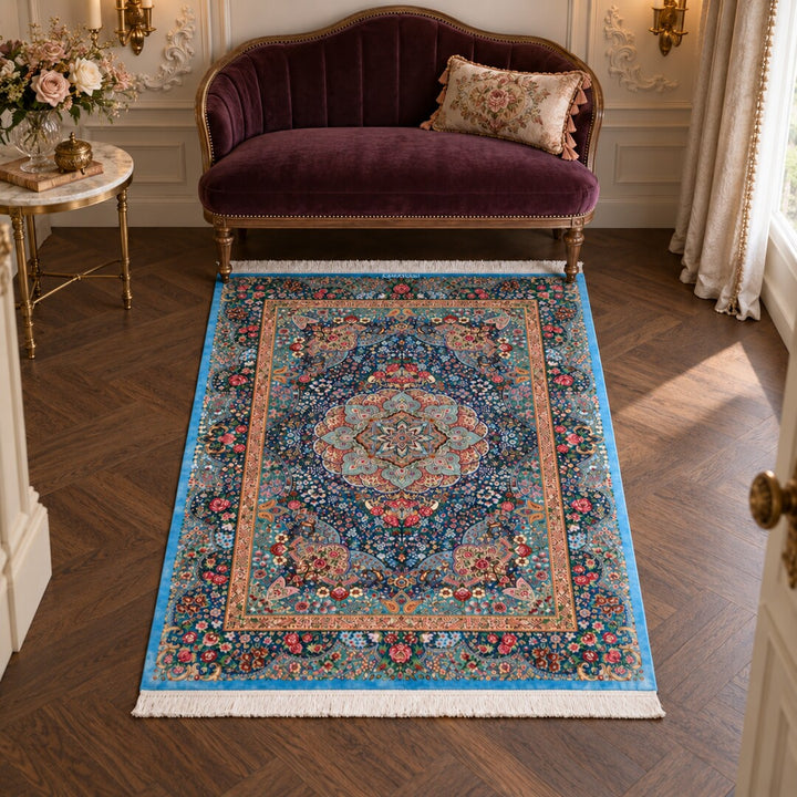 AI-generated interior visualization — SKU MW-HM-0842 — rug 151 × 103 cm; illustrative scale, not a customer project.