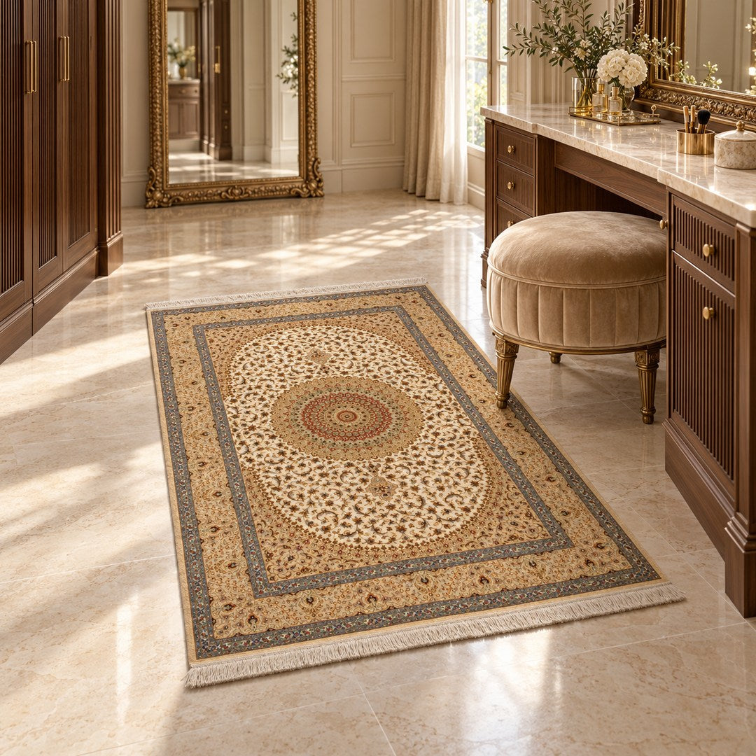 AI-generated interior visualization of MW-HM-0843, rectangular rug 200 x 130 cm. Styling illustration; see the original product photograph for exact details.