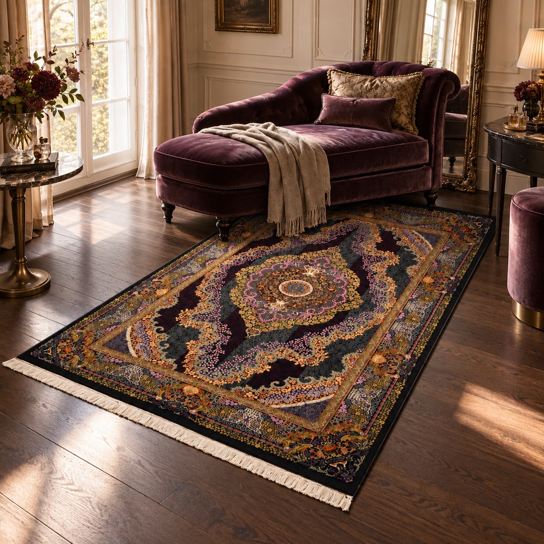 AI-generated interior visualization — MW-HM-0844, rectangular rug 199 x 130 cm. Styling illustration; original product photo shows exact details.
