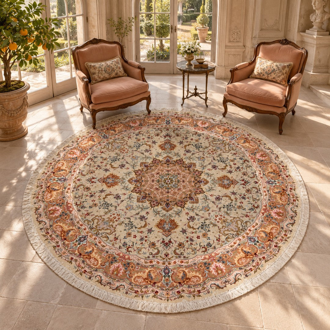 AI-generated interior visualization — MW-HM-0849 — round, diameter 250 cm. Illustrative scale; not a measured installation or customer project.