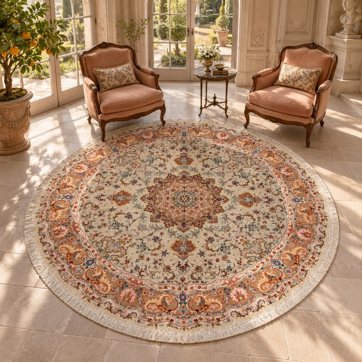 AI-generated interior visualization — MW-HM-0849 — round, diameter 250 cm. Illustrative scale; not a measured installation or customer project.