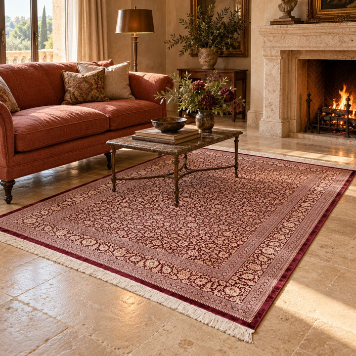 AI-generated interior visualization of MW-HM-0851, rectangular rug 253 x 170 cm. Styling illustration; see the original product photograph for exact details.