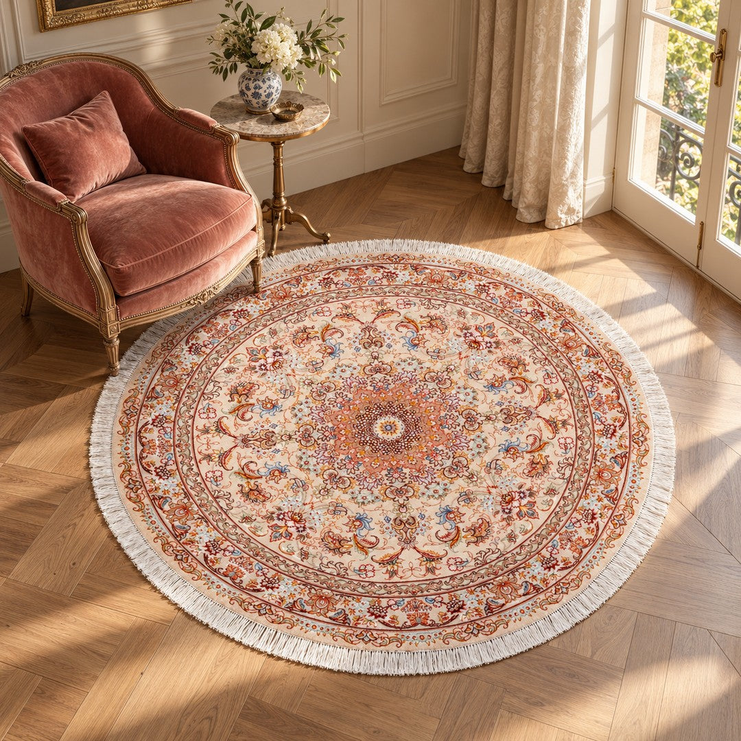 AI-generated interior visualization — MW-HM-0852 — round, diameter 150 cm. Illustrative scale; not a measured installation or customer project.