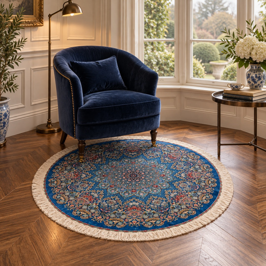 AI-generated luxury classic interior visualization of MW-HM-0858, round rug 98 x98cm. Styling illustration; see original product photograph for exact details.