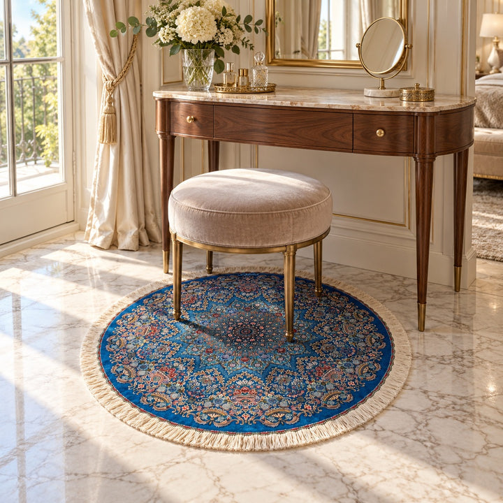 AI-generated luxury classic interior visualization of MW-HM-0859, round rug 97 x 97 cm. Styling illustration; see original product photograph for exact details.