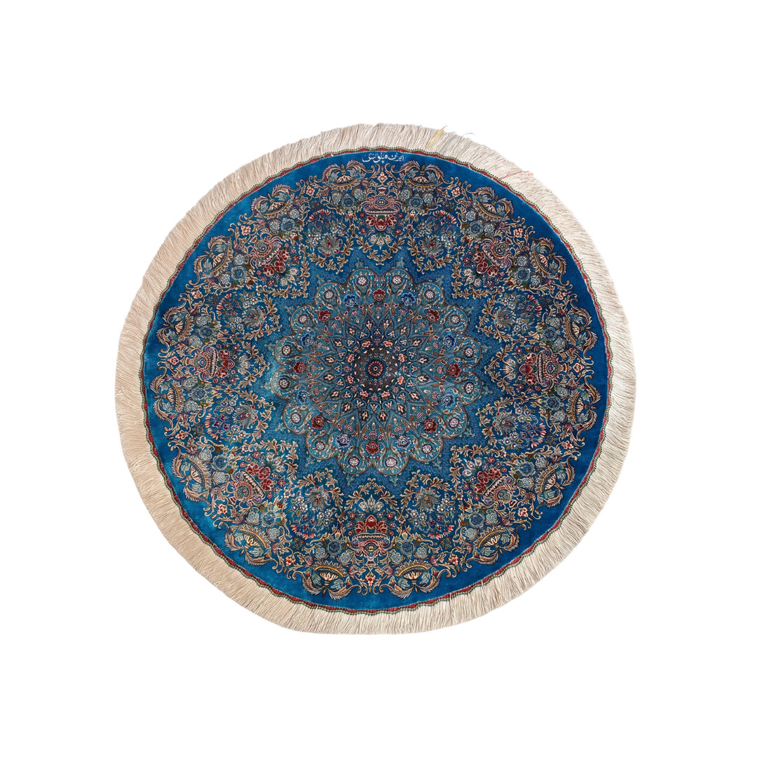 Hand Made Rug - Silk - Medallion - Blue - 97 x 97 cm on white background