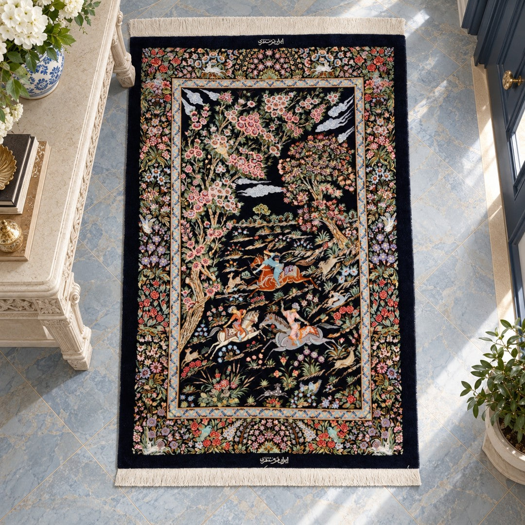 AI-generated interior visualization — MW-HM-0860; woven rug 174 x 103cm, excluding any frame. Illustrative scale, not a customer project.
