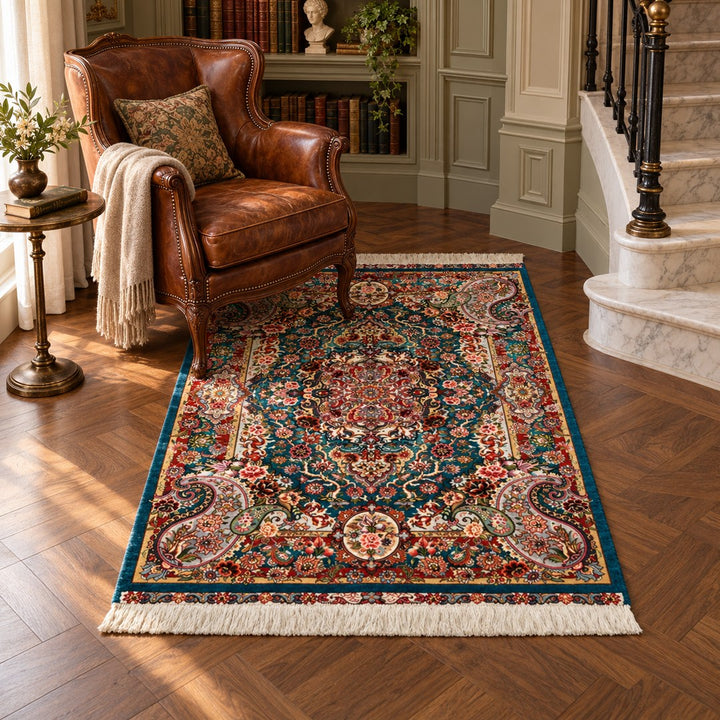 AI-generated interior visualization — MW-HM-0863, 156 x 103 cm, rectangle rug; illustrative interior styling, not a customer project or measurement.