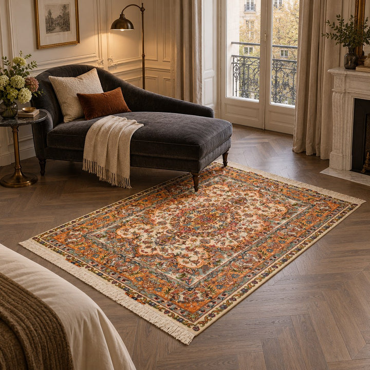 AI-generated interior visualization — MW-HM-0870, rectangular rug 207 x 151 cm. Styling illustration; original product photo shows exact details.