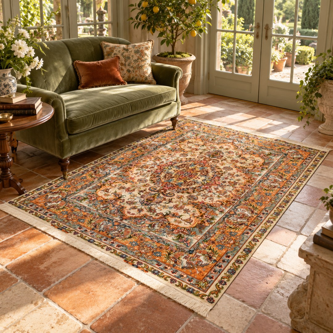 AI-generated interior visualization — MW-HM-0871, rectangular rug 207 x 151 cm. Styling illustration; original product photo shows exact details.