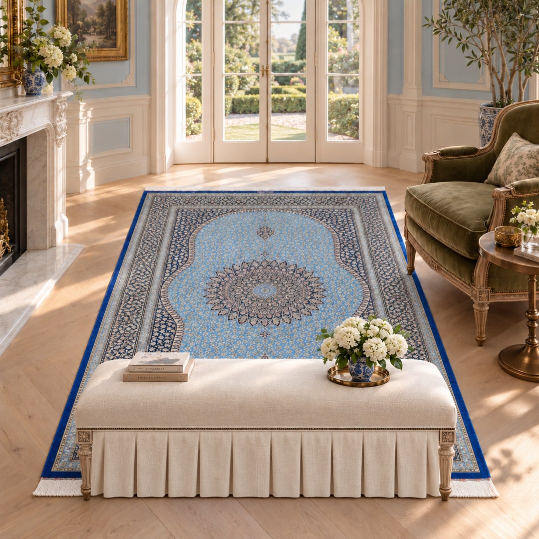 AI-generated interior visualization — MW-HM-0874, 236 x 158 cm, rectangle rug; illustrative interior styling, not a customer project or measurement.