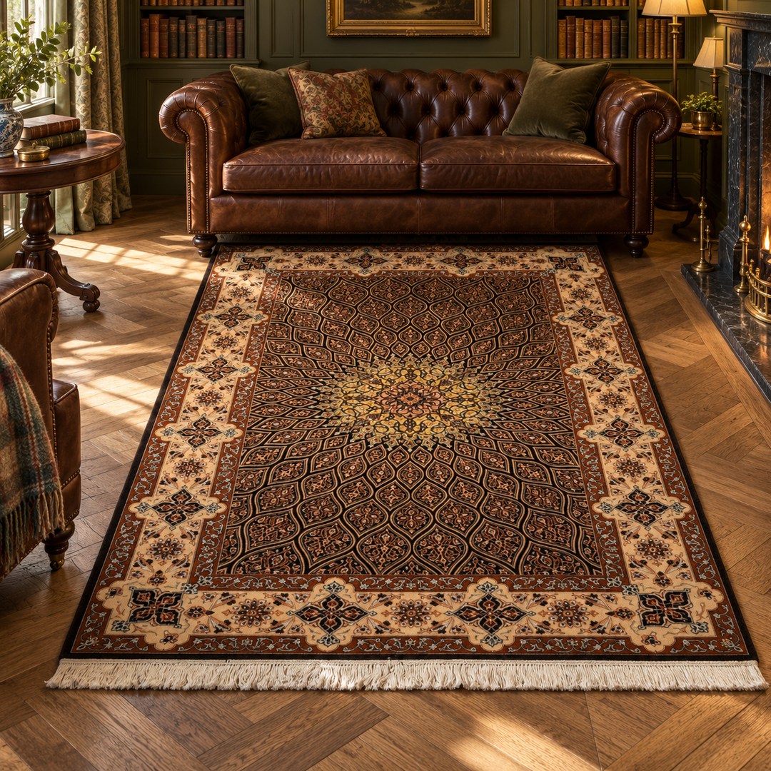 AI-generated interior visualization of MW-HM-0876, rectangle rug 232 × 154 cm. Styling illustration; see original product photograph for exact details.