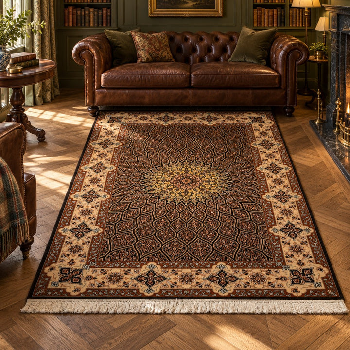 AI-generated interior visualization of MW-HM-0876, rectangle rug 232 × 154 cm. Styling illustration; see original product photograph for exact details.