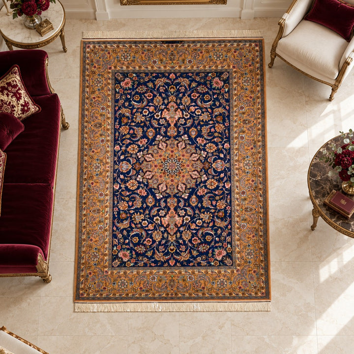 AI-generated interior visualization — MW-HM-0877; woven rug 240 x 157cm, excluding any frame. Illustrative scale, not a customer project.