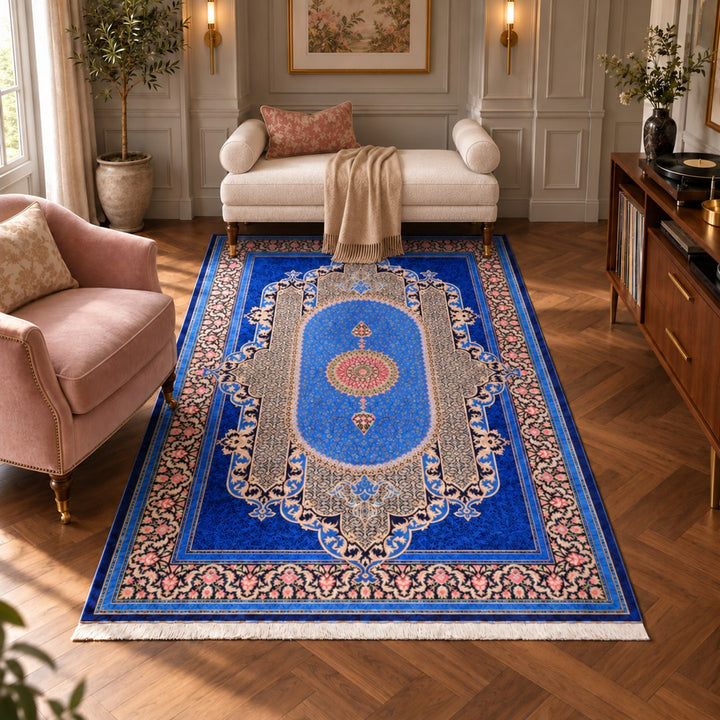 AI-generated interior visualization — MW-HM-0879, 235 x 157 cm, rectangle rug; illustrative interior styling, not a customer project or measurement.