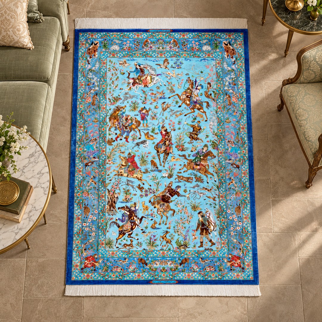 AI-generated interior visualization — MW-HM-0882; woven rug 218 x 146 cm, excluding any frame. Illustrative scale, not a customer project.