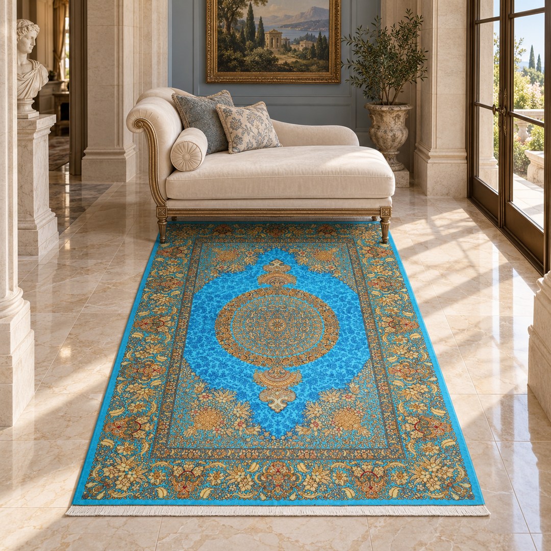 AI-generated interior visualization — MW-HM-0883, 199 x 137 cm, rectangle rug; illustrative interior styling, not a customer project or measurement.