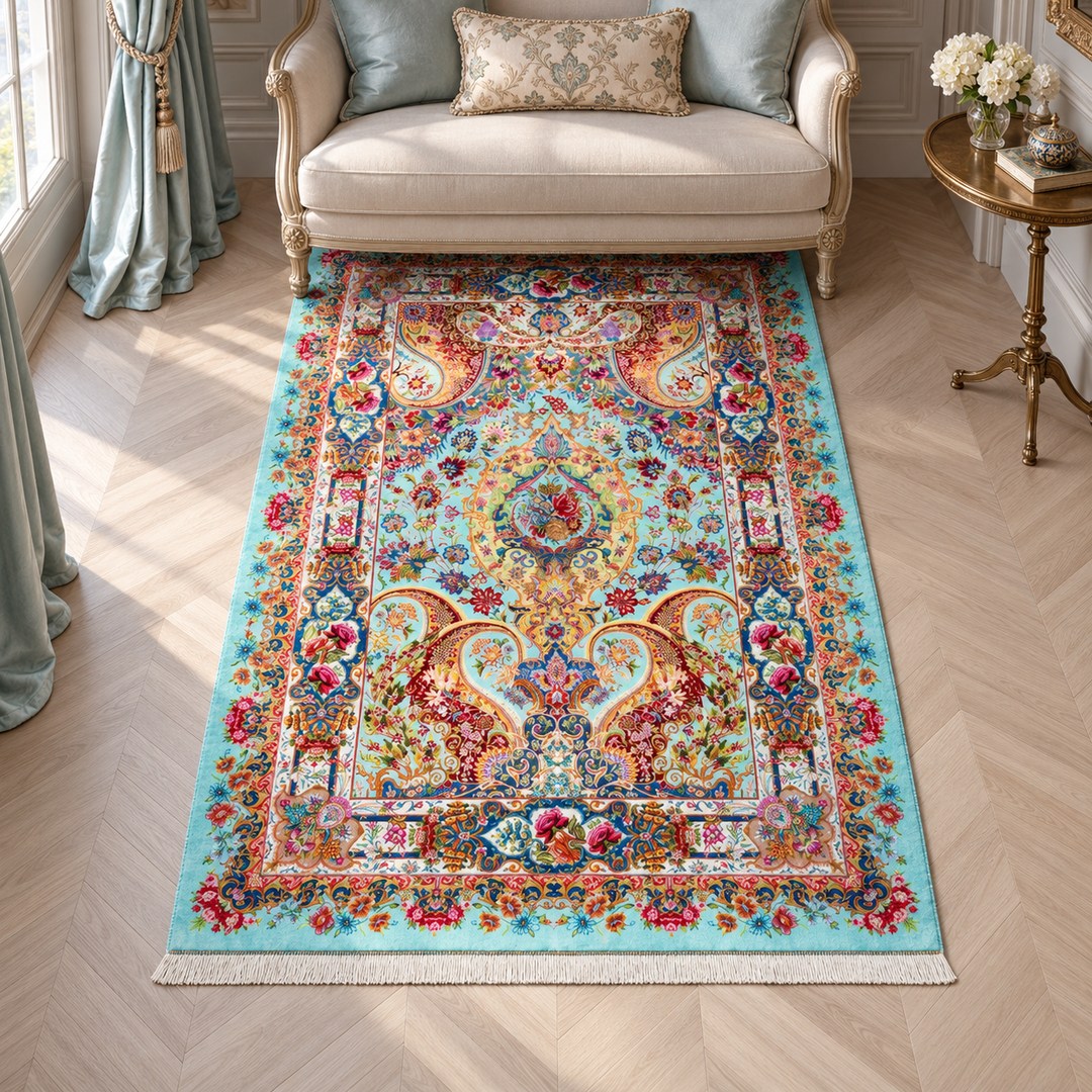 AI-generated interior visualization — MW-HM-0884, 197 x 132 cm, rectangle rug; illustrative interior styling, not a customer project or measurement.