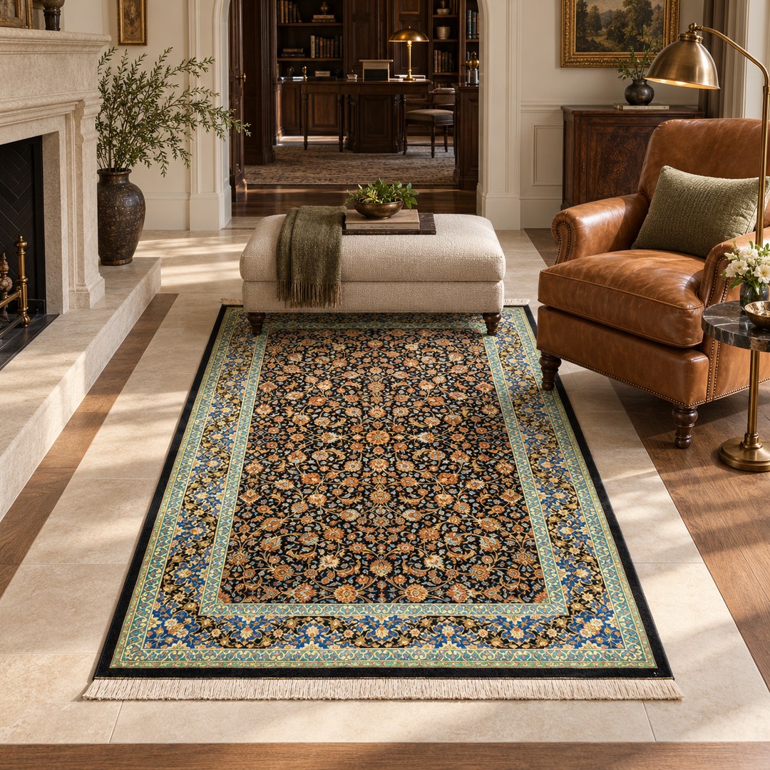 AI-generated interior visualization — MW-HM-0885, 199 x 135 cm, rectangle rug; illustrative interior styling, not a customer project or measurement.